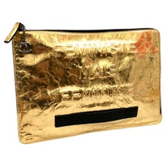 2015 Spring Runway CHANEL Metallic Gold Toned Distressed Leather Clutch Bag