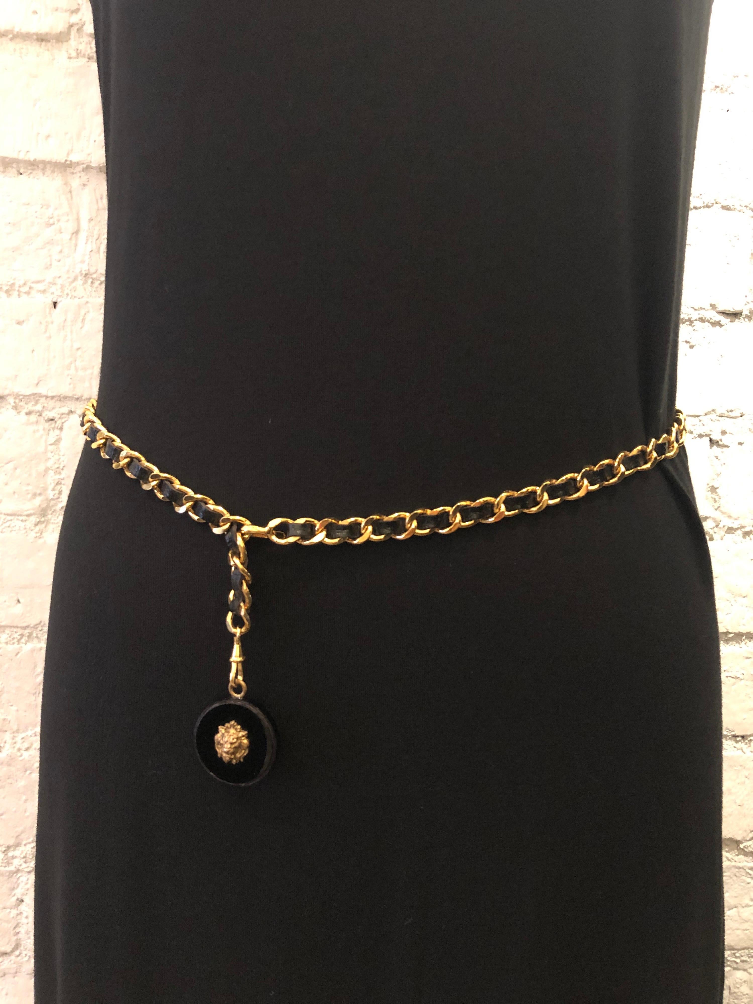 Brown 1980s Vintage Chanel Gold Toned Lion Leather Chain Belt 