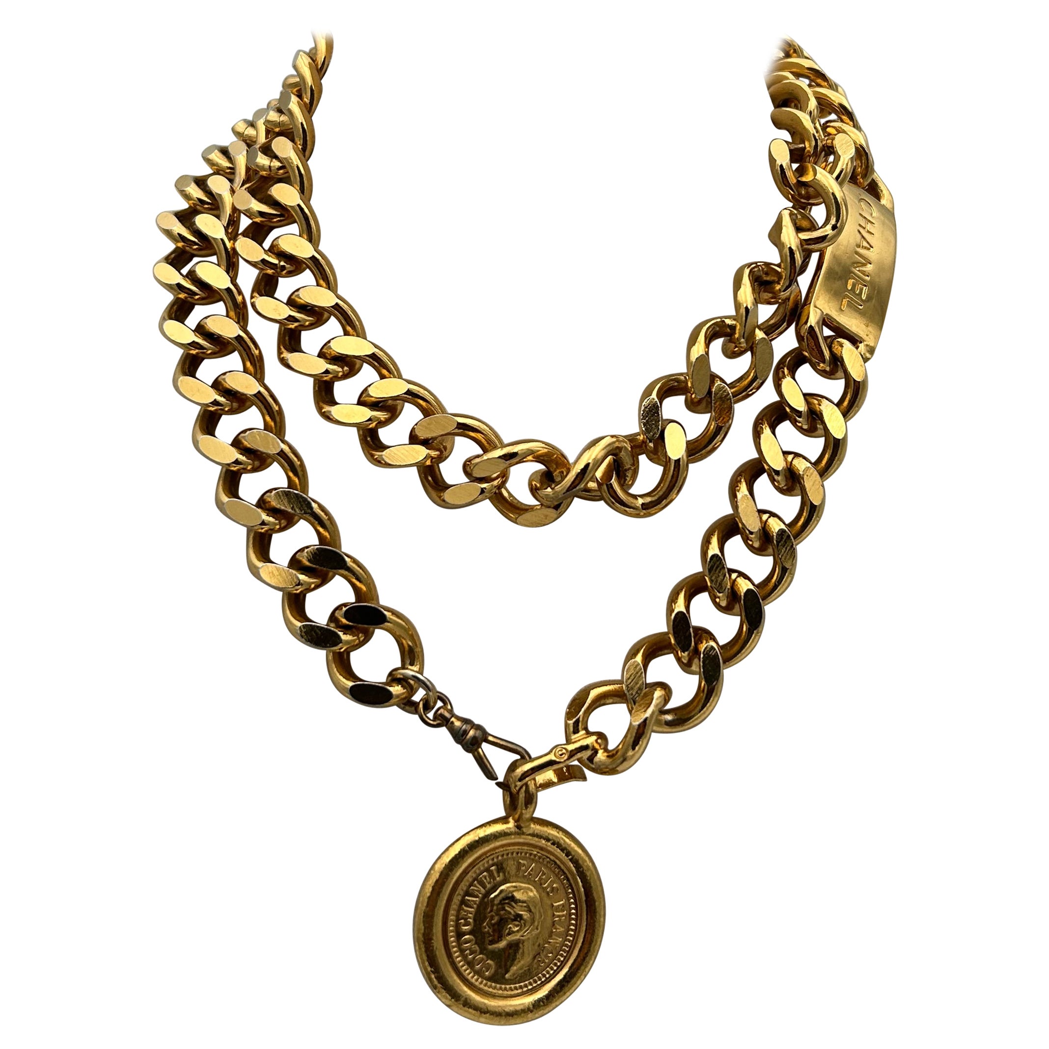 Chanel Gold getönten Halskette/Gürtel Münze Anhänger 1990