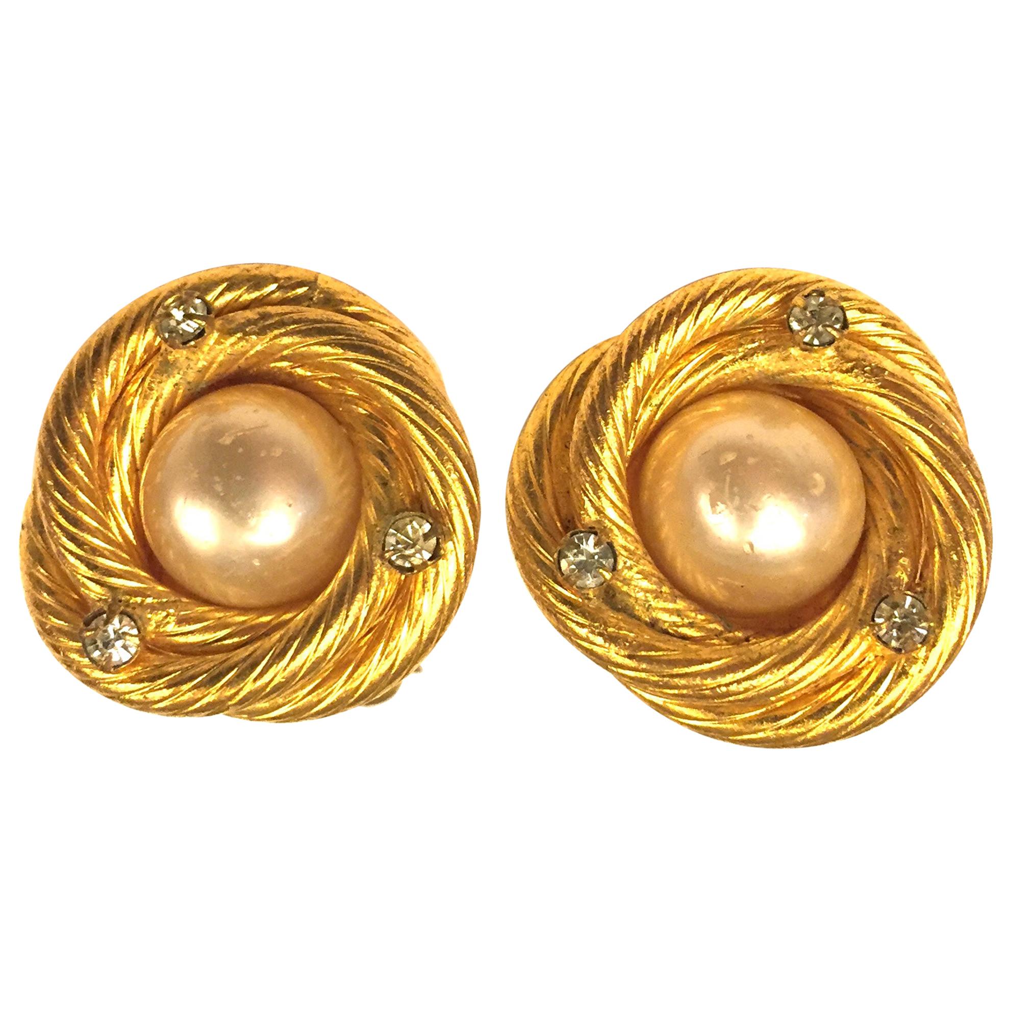 Chanel gold toned pearl/rhinestones clip on earrings