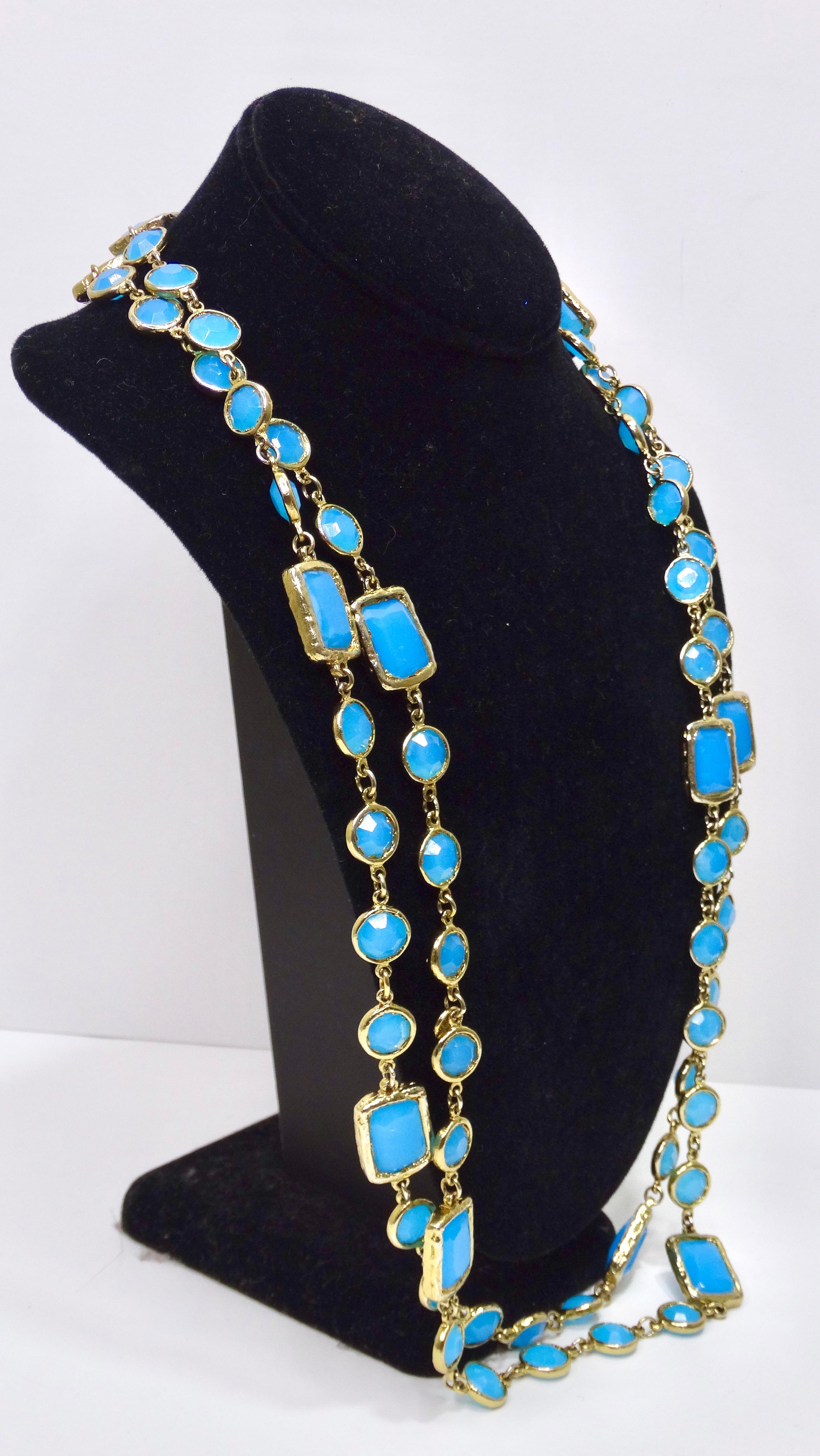 Chanel Gold & Turquoise Gripoix Long Sautoir Chiclet Necklace In Good Condition In Scottsdale, AZ
