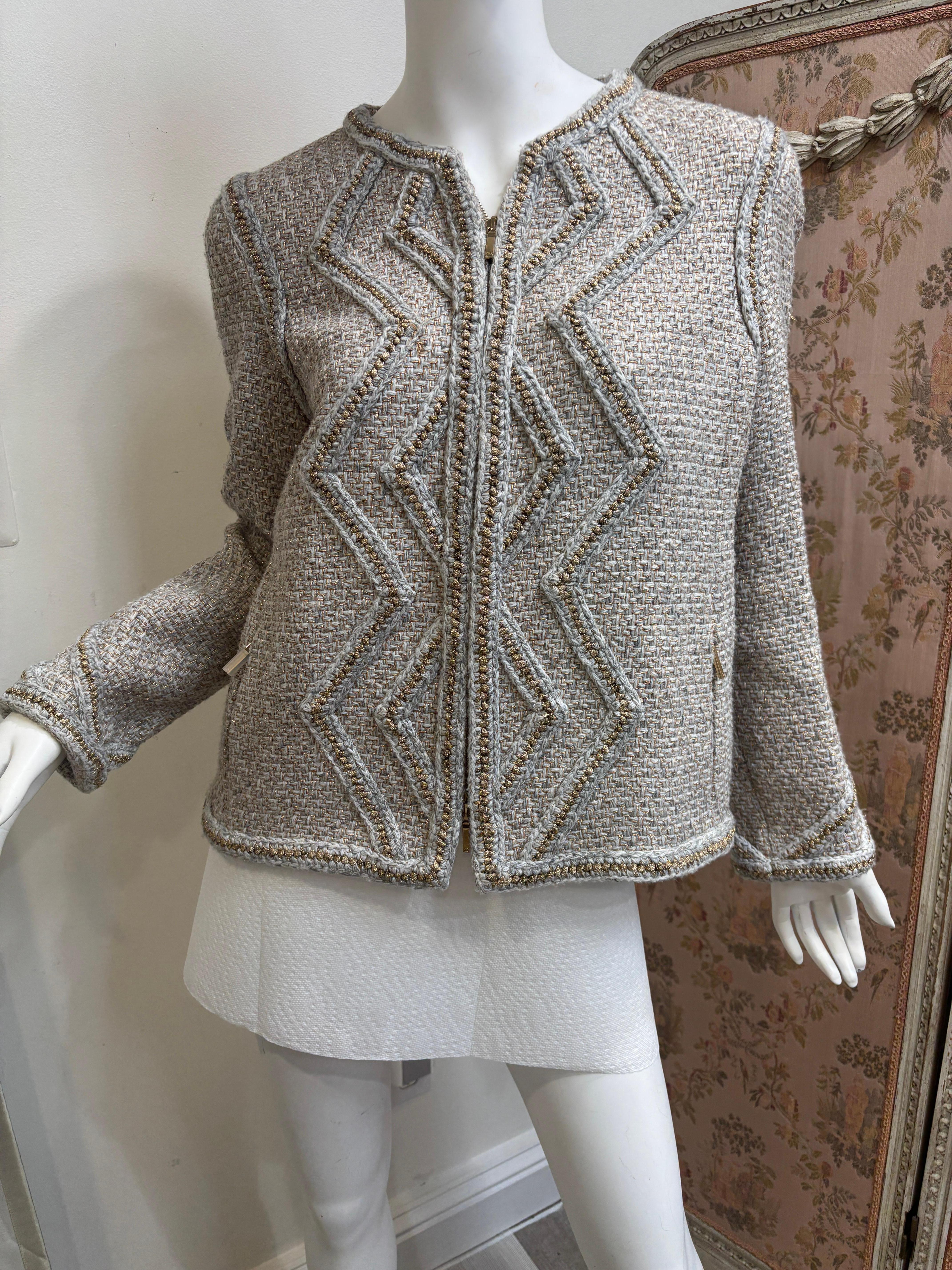 Chanel Gold Tweed Geometrische Jacke/Größe 40 (Grau) im Angebot
