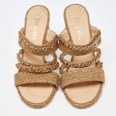 Chanel Gold Tweed Interlocking CC Logo Slide Sandals Size 39