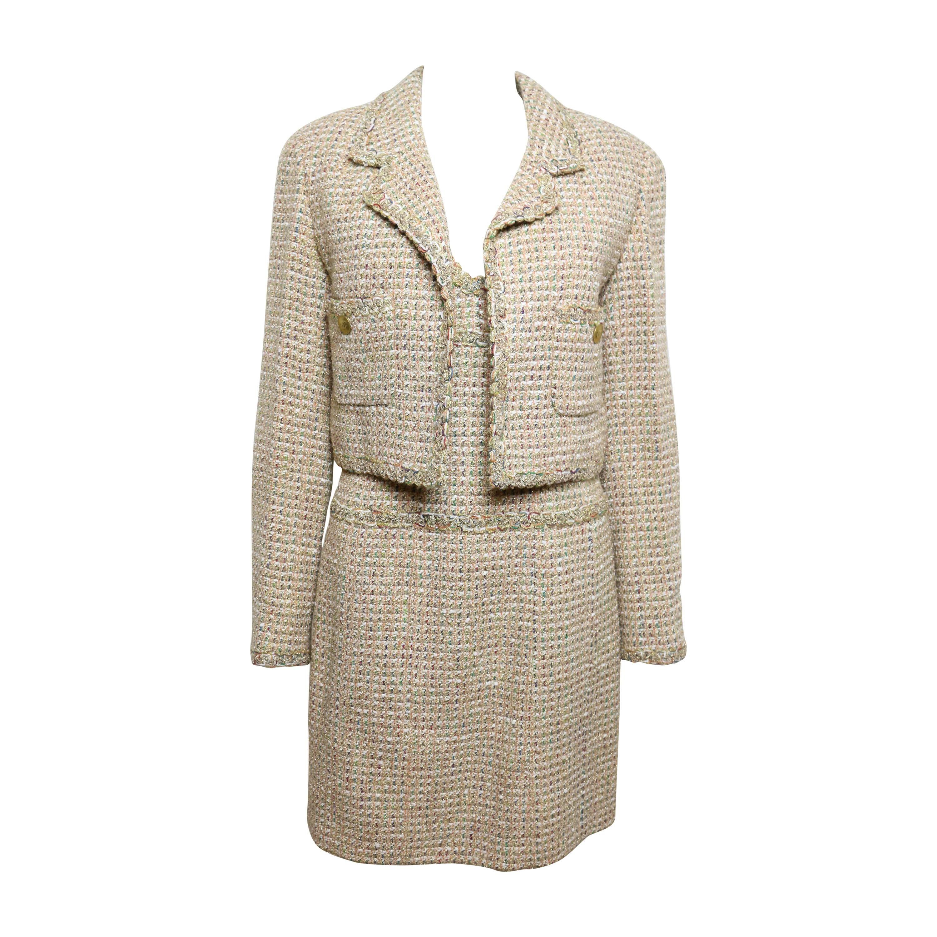 Chanel Multi-Colour Gold Tweed Metallic Dress Suit For Sale