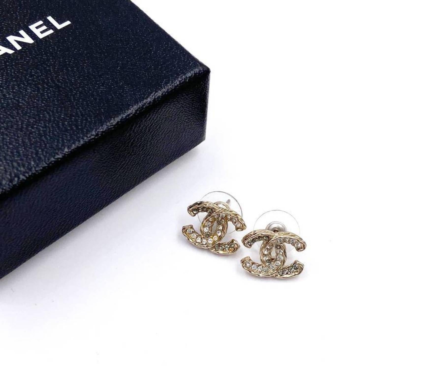 Artisan Chanel Gold Twisted CC Silver Grey Crystal Piercing Earrings