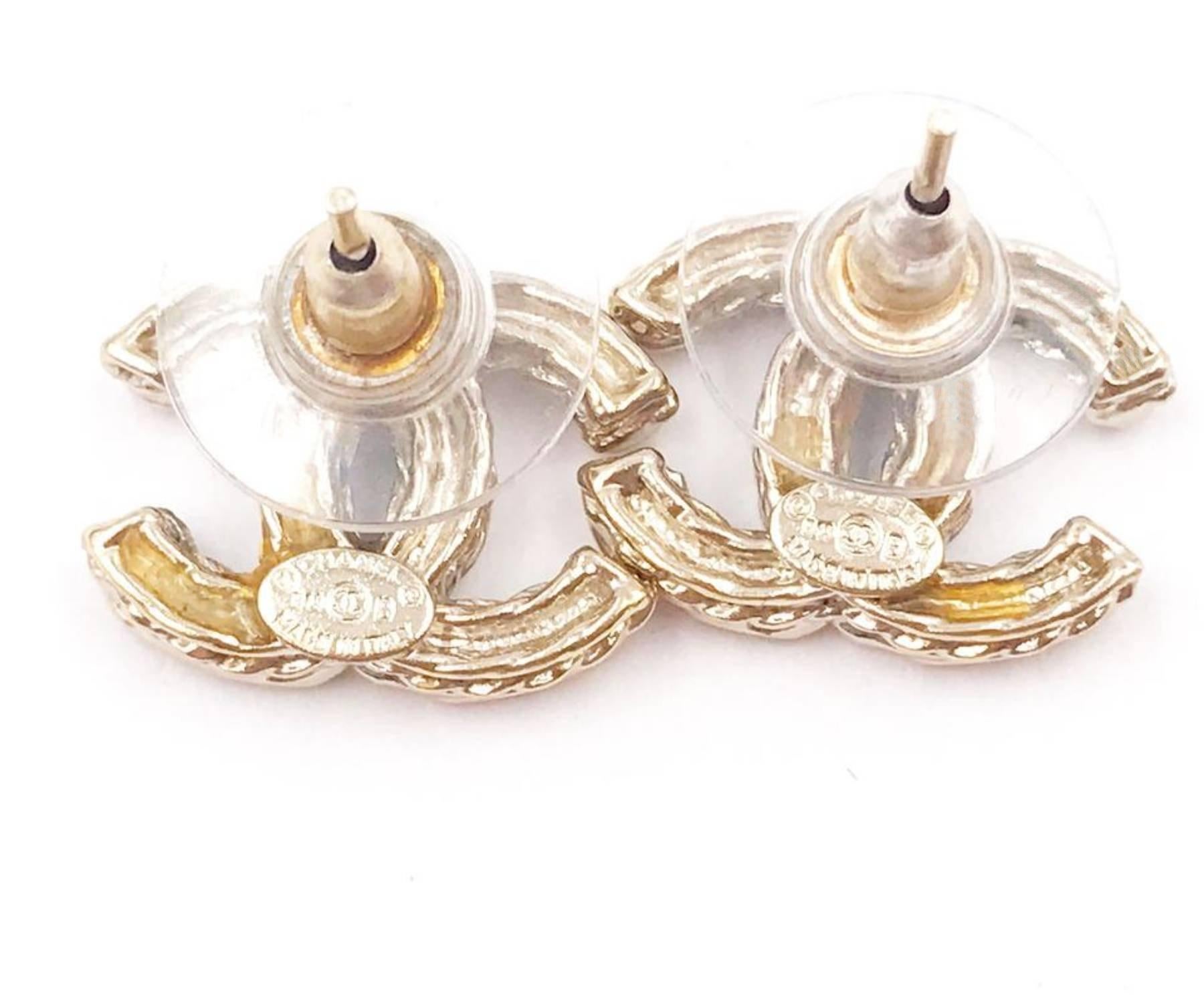 Chanel Gold Twisted CC Silver Grey Crystal Piercing Earrings In Excellent Condition In Pasadena, CA