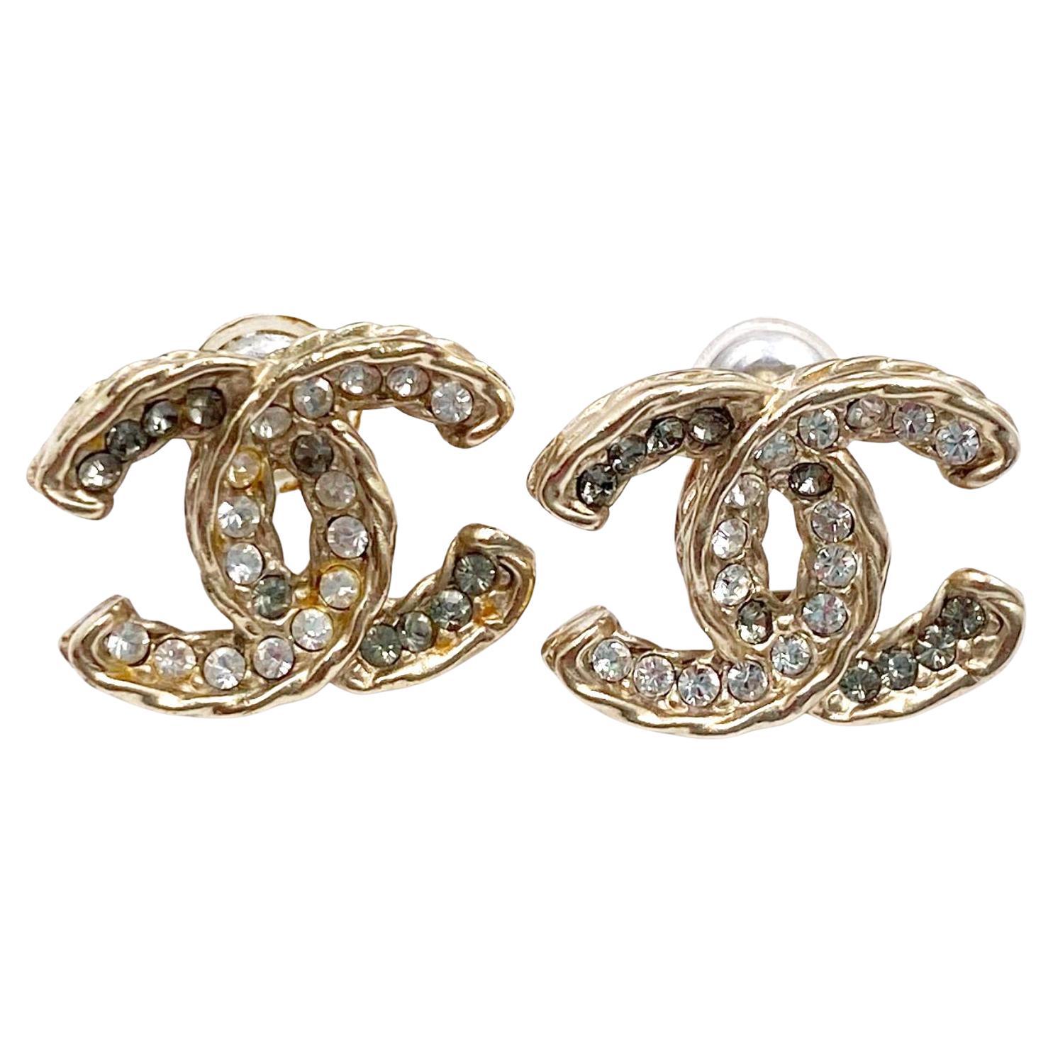 Chanel Gold Twisted CC Silver Grey Crystal Piercing Earrings For Sale