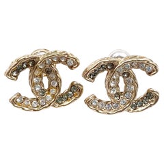 Chanel Gold Twisted CC Silver Grey Crystal Piercing Earrings