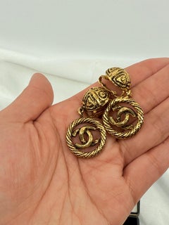 Chanel Gold Vintage Textured CC Celtic Dangle Clip On Earrings