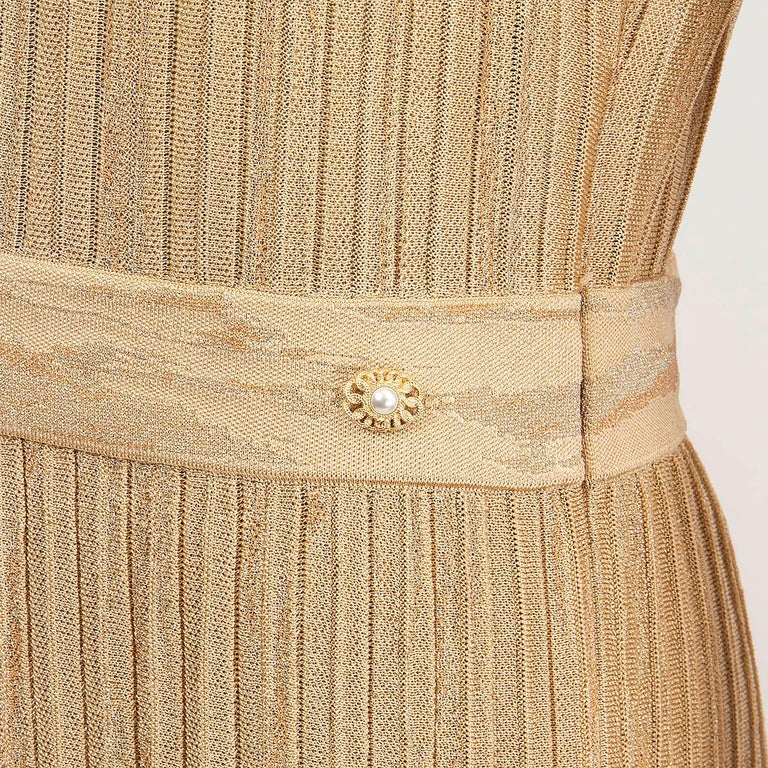 CHANEL gold viscose 2016 ROME PLEATED LUREX MAXI Knit Dress 42 L For Sale  at 1stDibs
