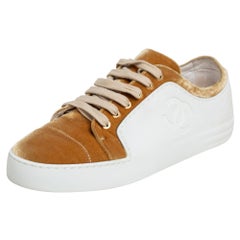 Chanel Gold/White Rubber and Velvet CC Low Top Sneakers Size 39