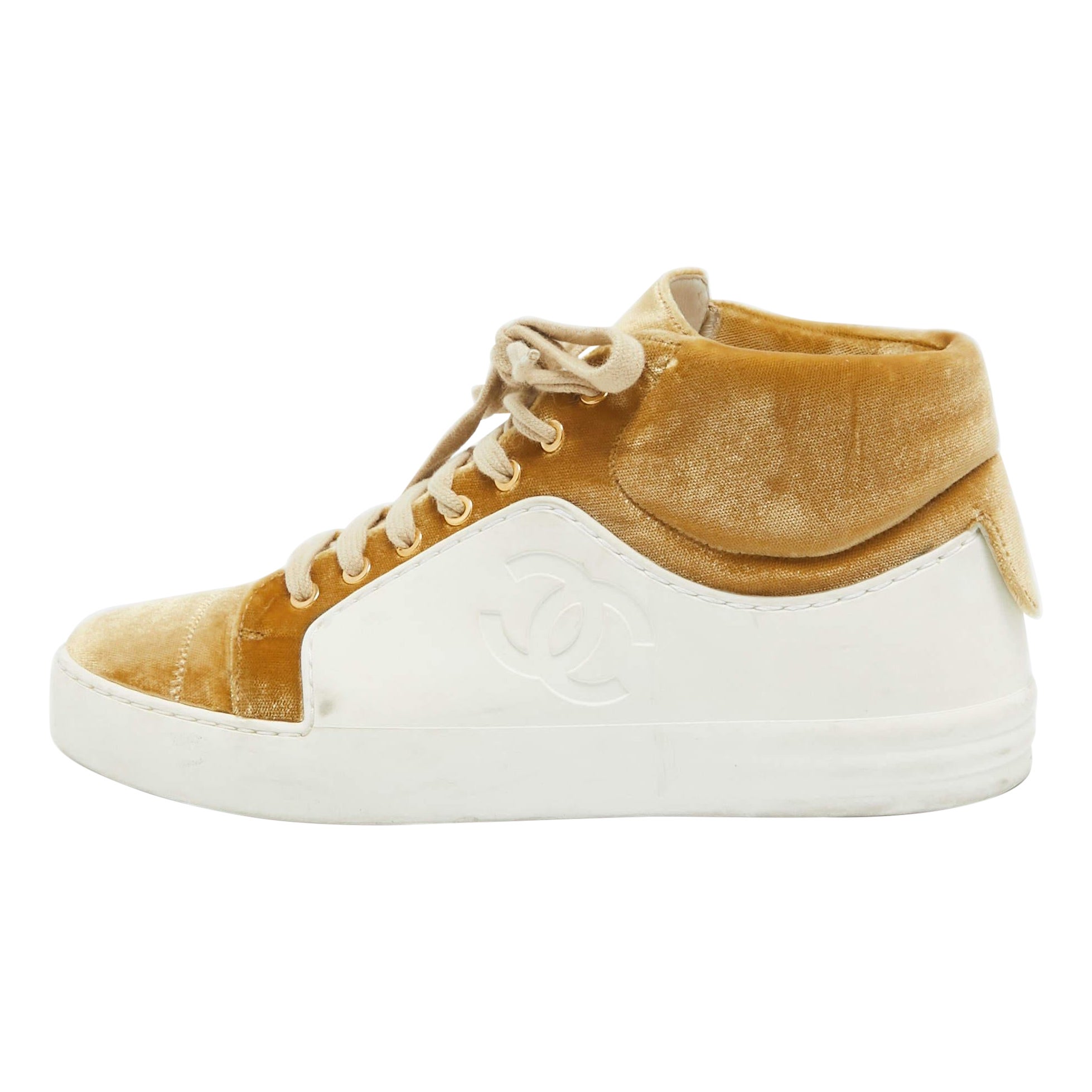 Chanel Gold/White Velvet and Rubber CC High Top Sneakers Size 36