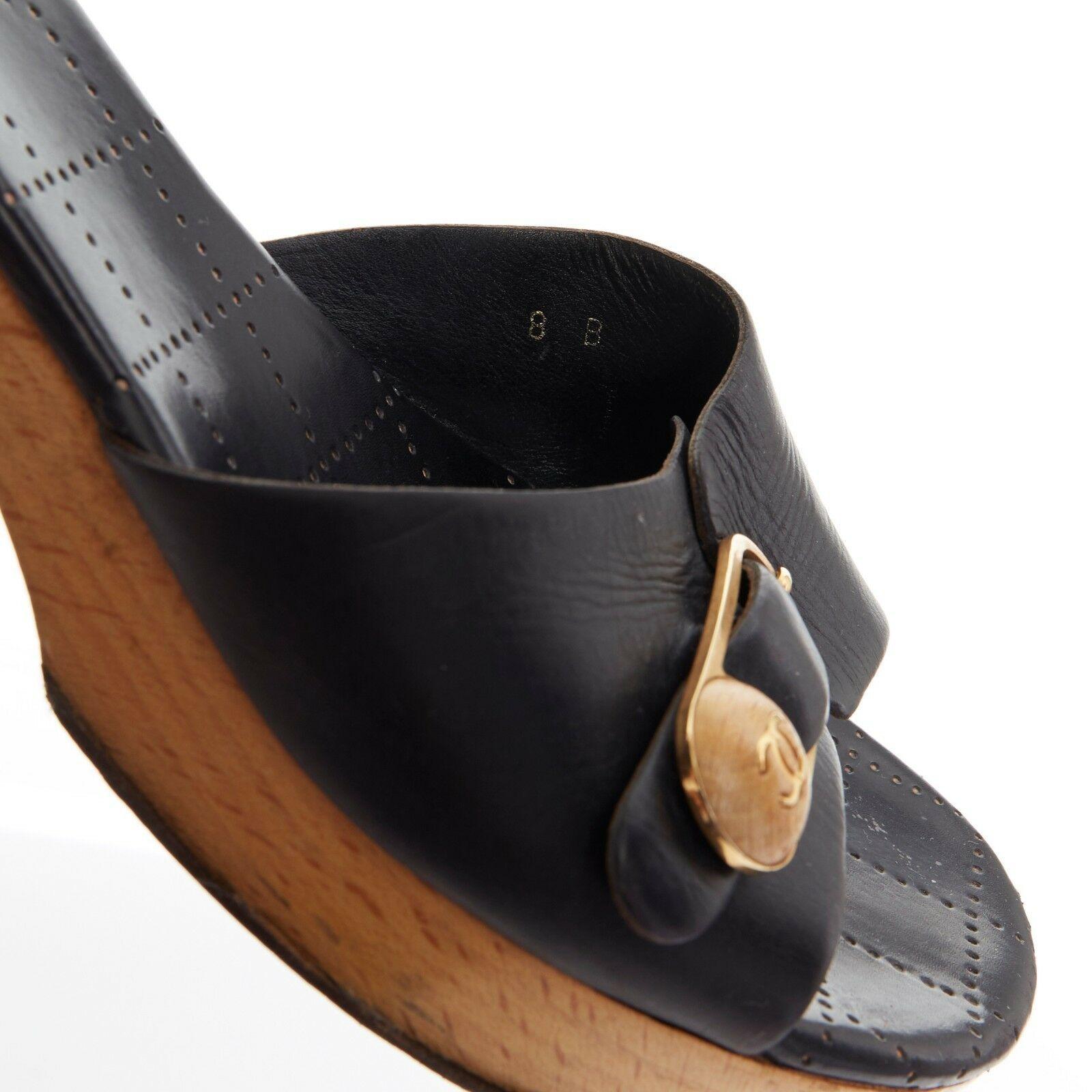 CHANEL gold wooden CC buckle black leather wooden platform clog sandals 8B EU38 2