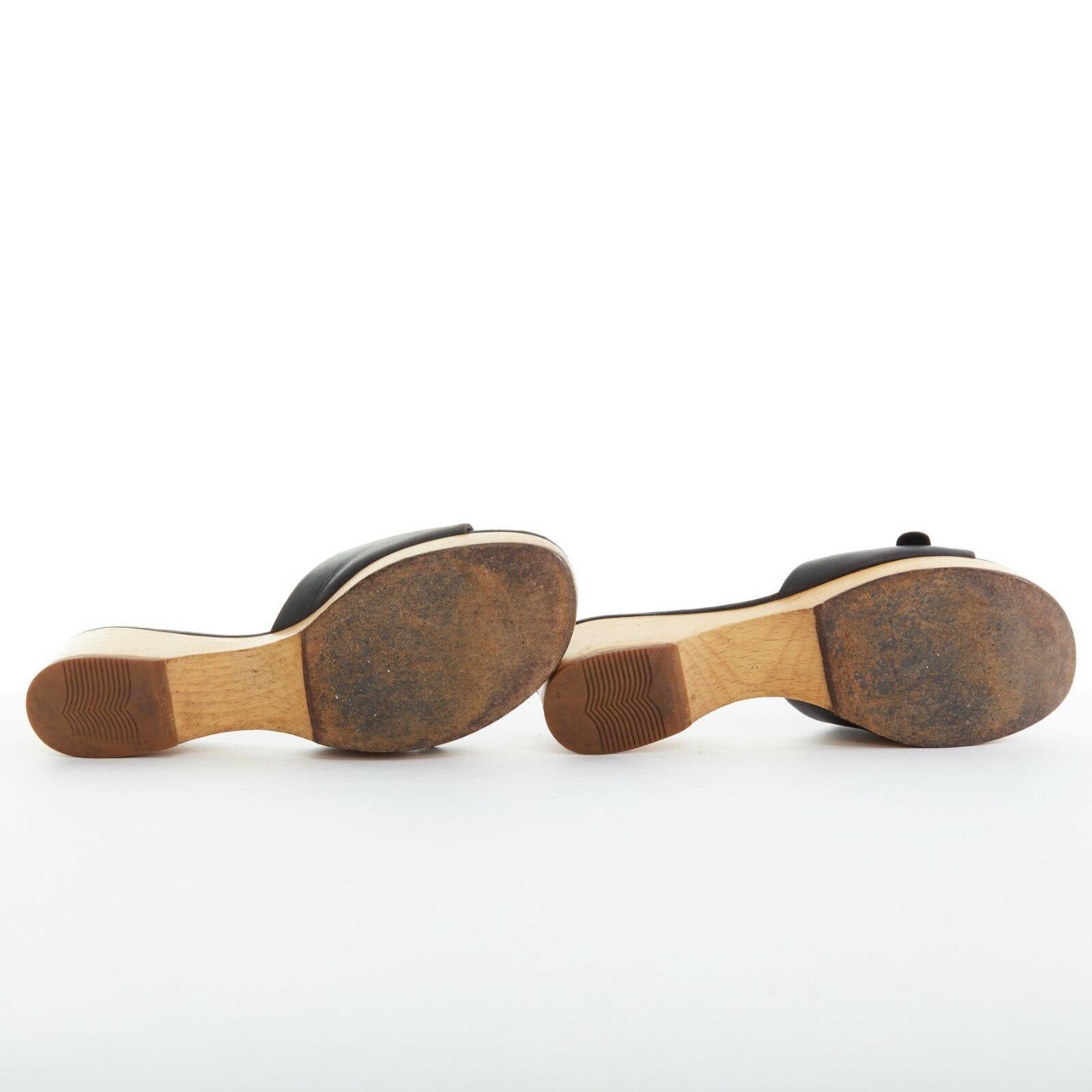 Beige CHANEL gold wooden CC buckle black leather wooden platform clog sandals 8B EU38