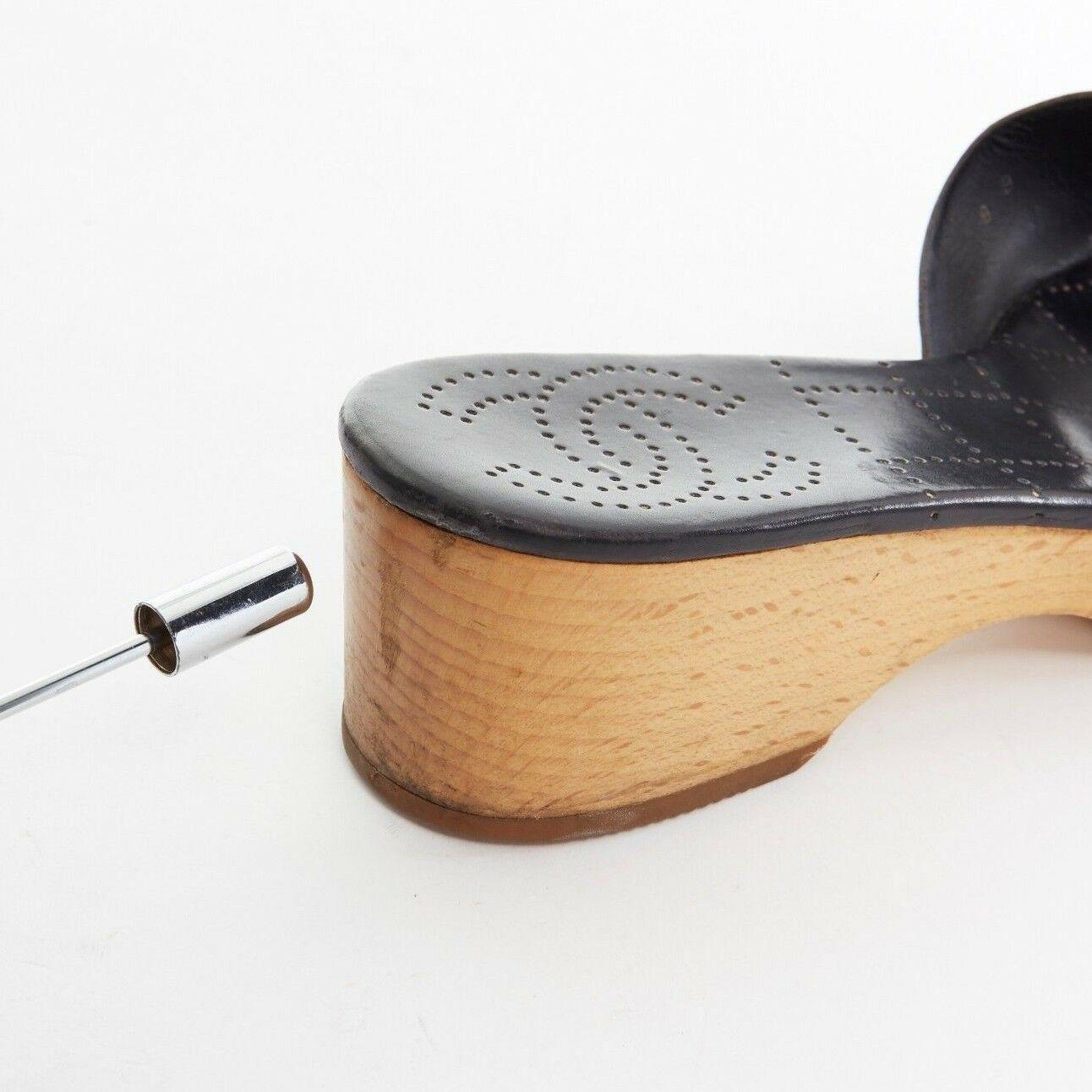 Women's CHANEL gold wooden CC buckle black leather wooden platform clog sandals 8B EU38