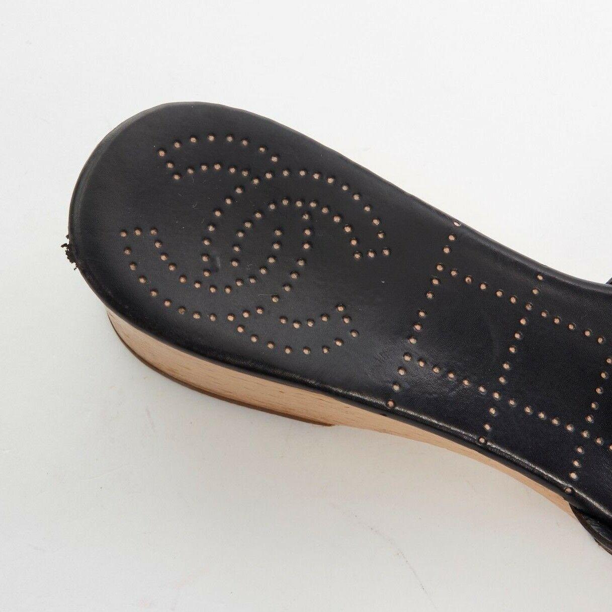 CHANEL gold wooden CC buckle black leather wooden platform clog sandals 8B EU38 1