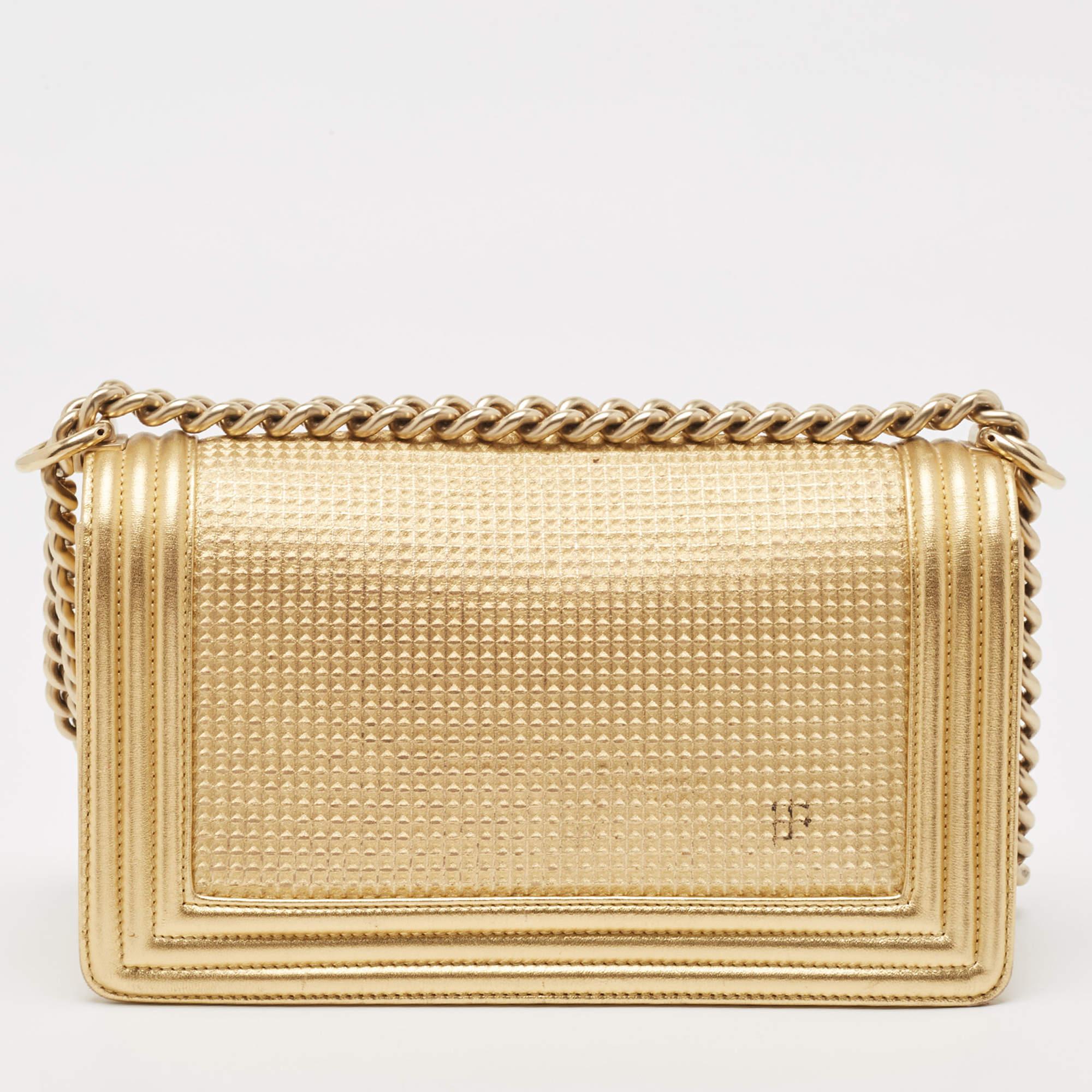 Women's Chanel Gold Woven Embossed Leather Medium Boy Flap Bag