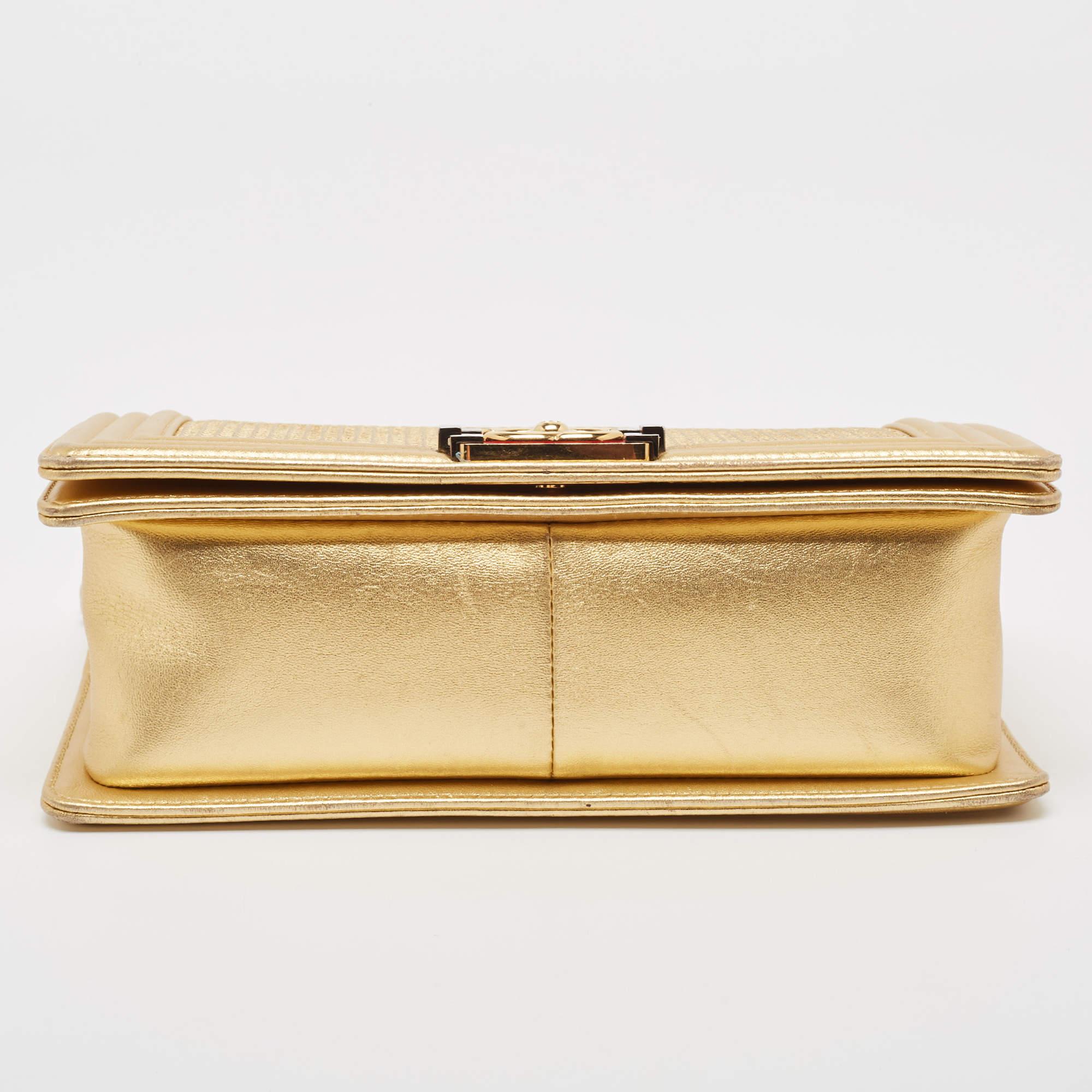 Chanel Gold Woven Embossed Leather Medium Boy Flap Bag 2