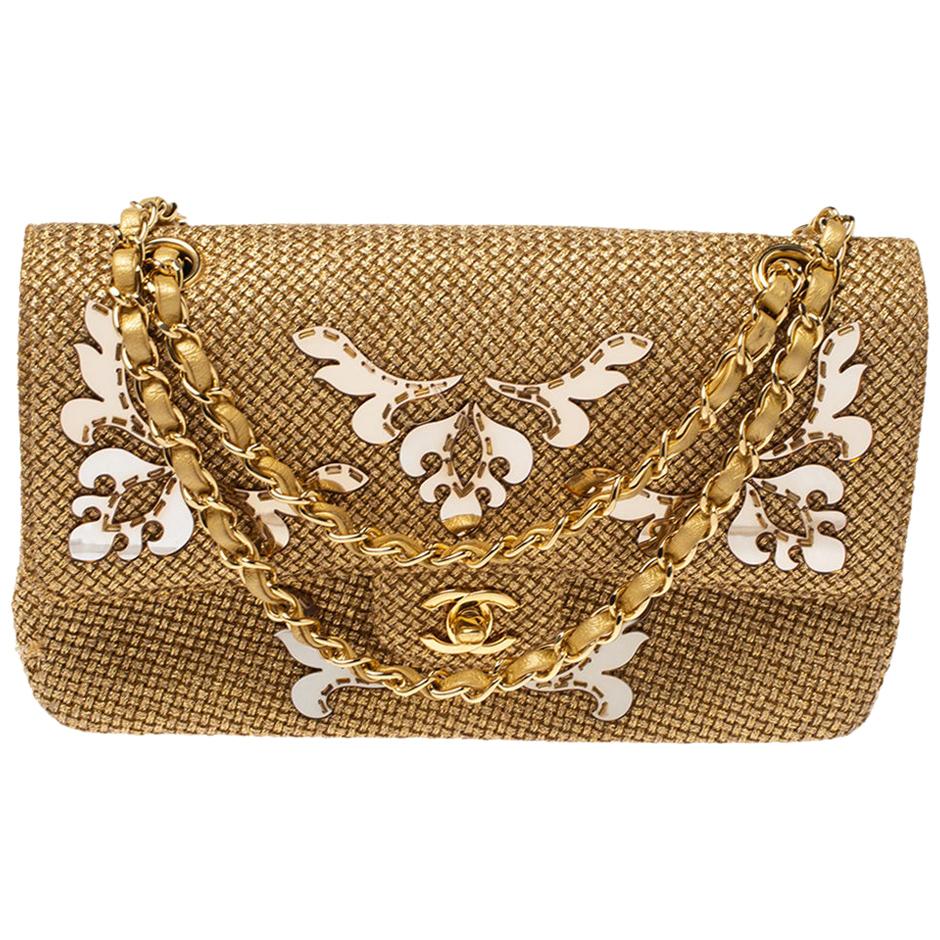 Chanel Gold Woven Raffia Medium Classic Double Flap Bag