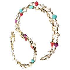 Vintage Chanel Gold X Multi Color A17 Gripoix Cc Name Logo Pearl Chain 232533 Necklace