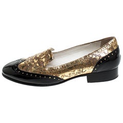 Chanel Golden Black Patent And Textured Leather Slip On Loafers Size 37