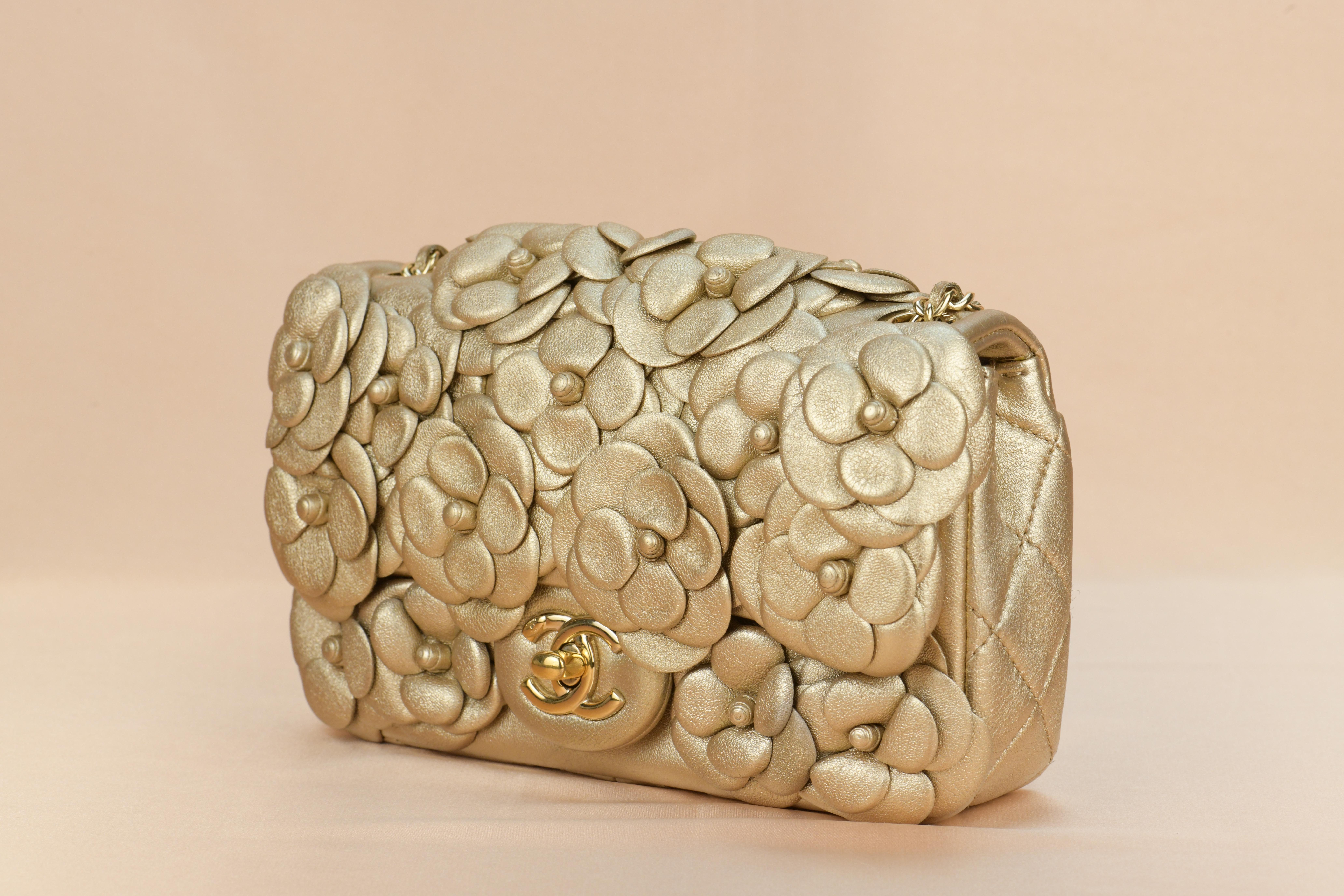 Chanel Golden Camellia Embellished Quilted Lambskin Mini Flap Bag In Excellent Condition In Banbury, GB