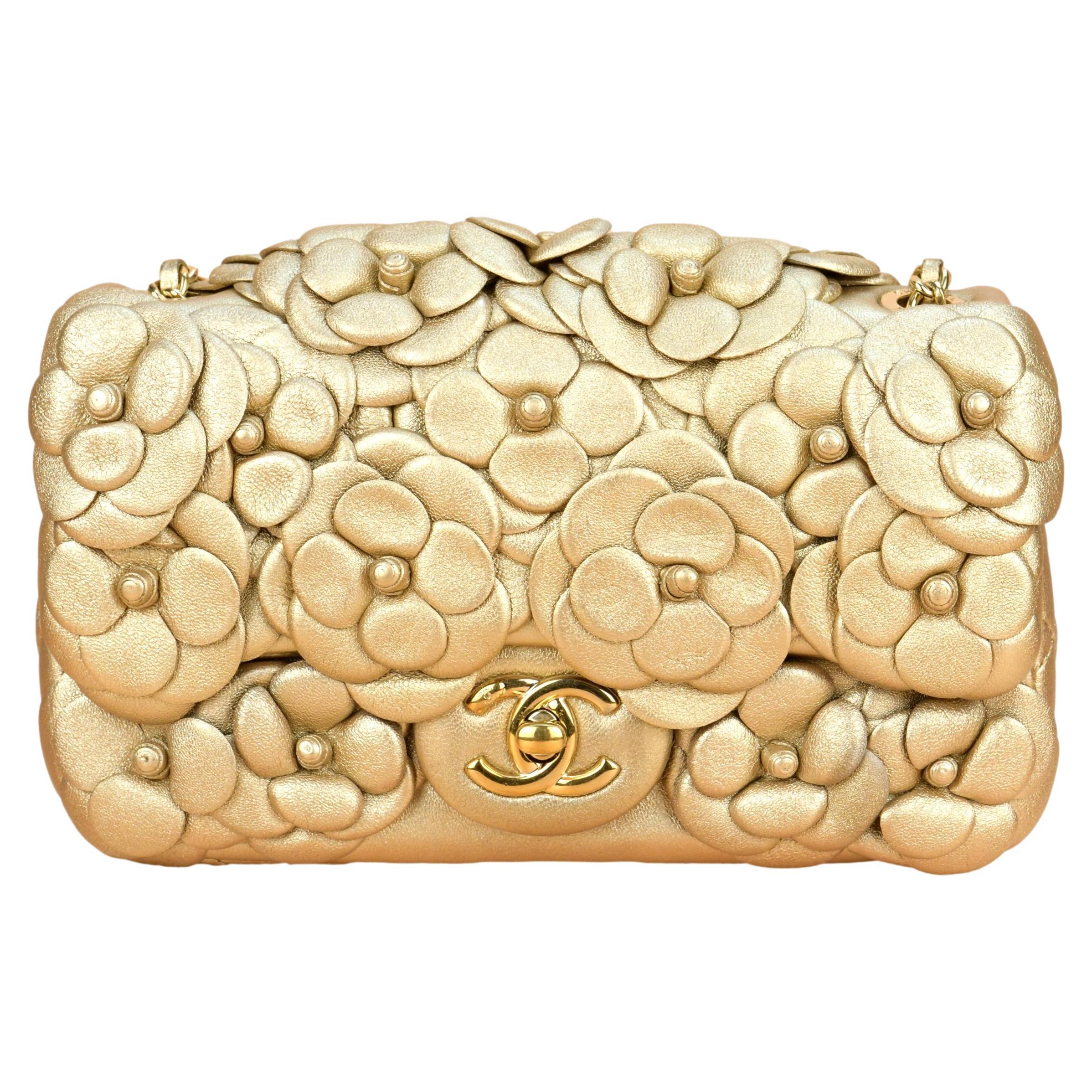 Chanel Golden Camellia Embellished Quilted Lambskin Mini Flap Bag