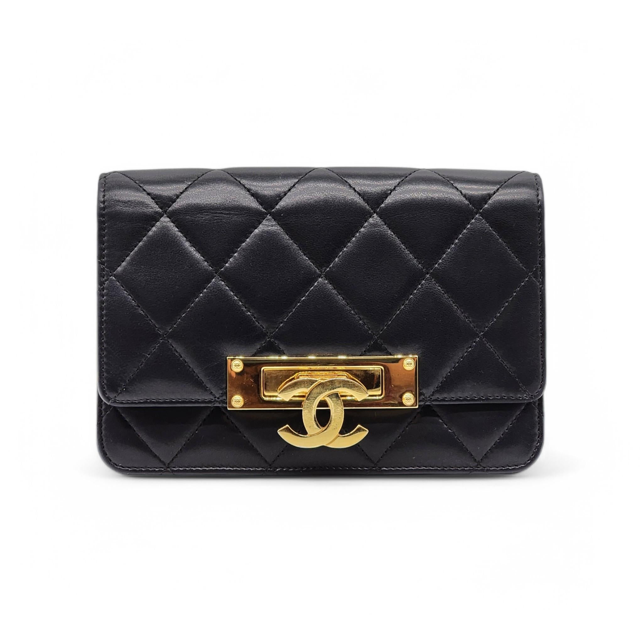Elevate your style with this stunning Chanel Lambskin Quilted Golden Class Wallet on Chain (WOC) in classic black. Crafted from luxurious soft lambskin leather, this piece features the signature diamond quilting and elegant gold-tone hardware,