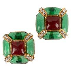 Chanel Golden Metal and Glass Paste Earrings with Rhinestones