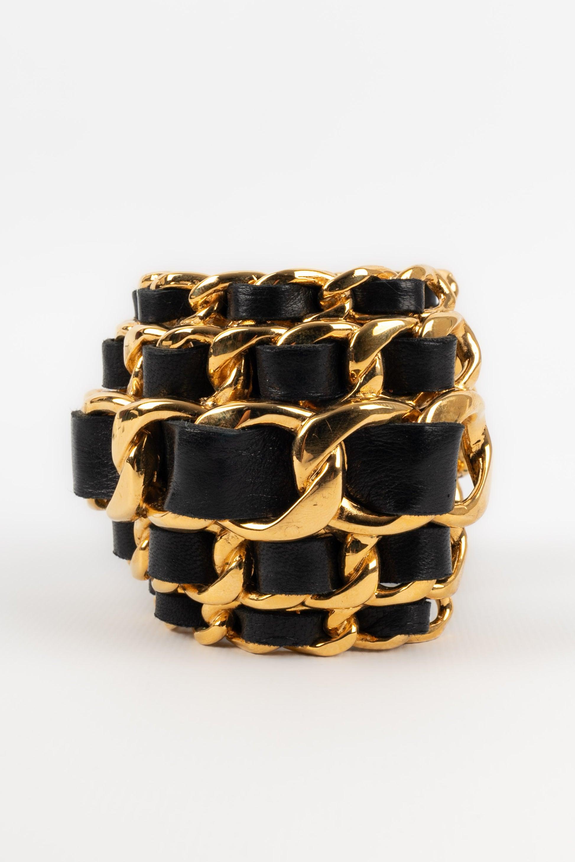 Women's Chanel Golden Metal and Leather Cuff Bracelet with Chains, 1991