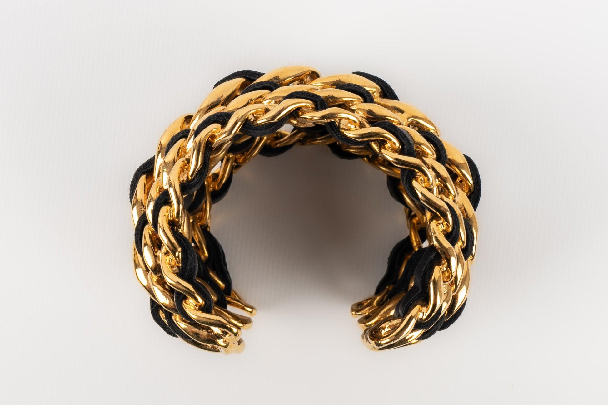 Chanel Golden Metal and Leather Cuff Bracelet with Chains, 1991 1