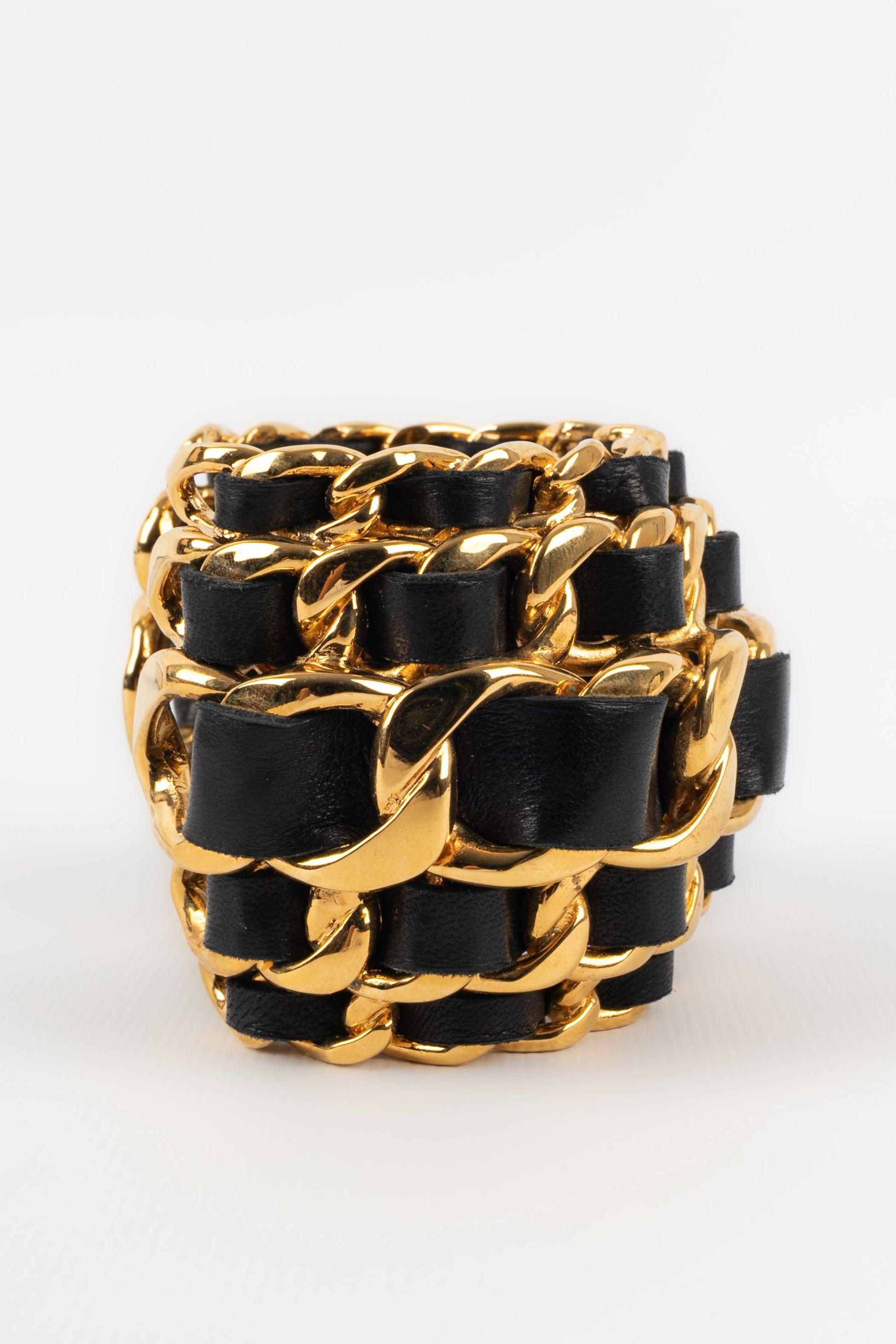 Chanel Golden Metal and Leather Cuff Bracelet with Chains, 1991 2