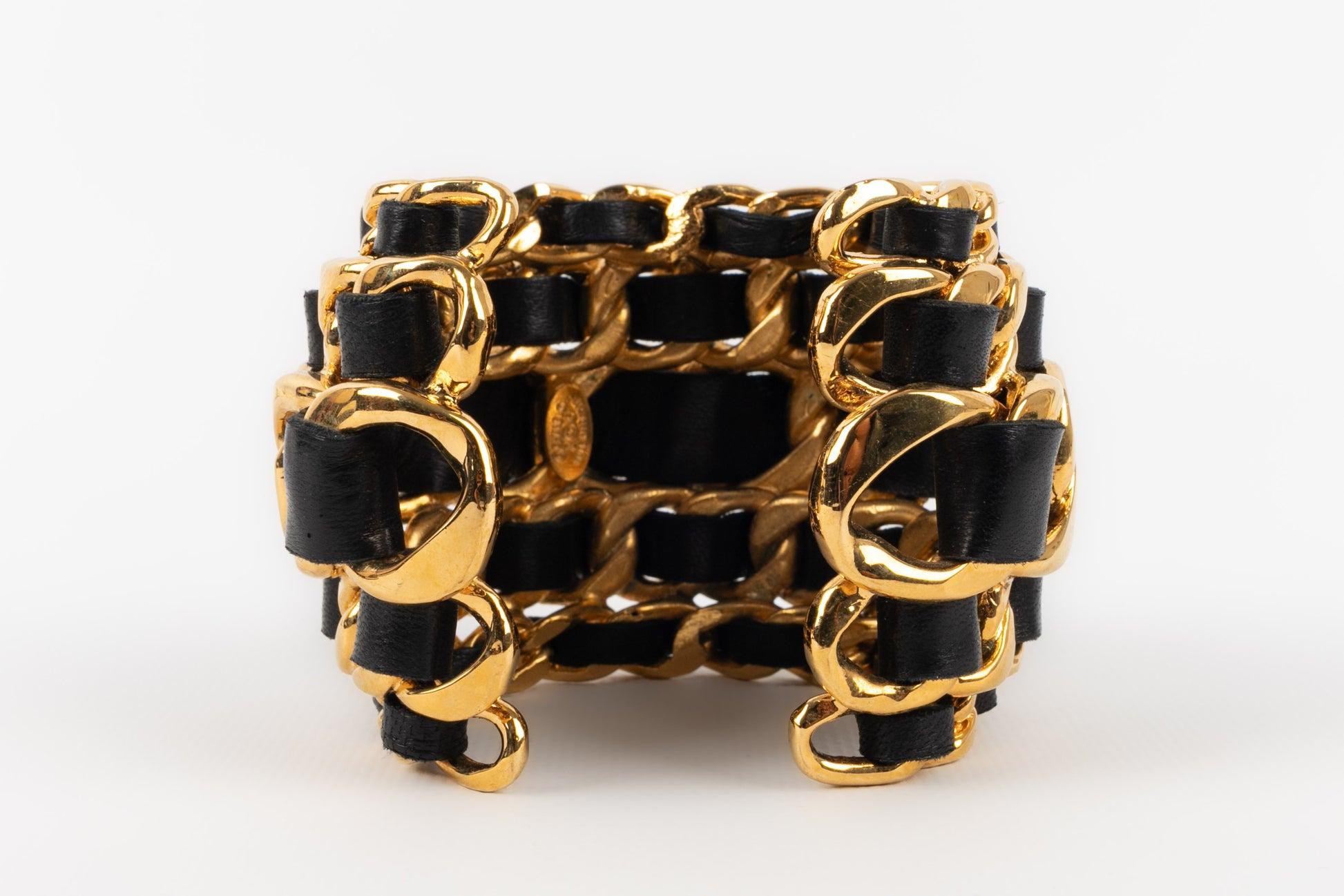 Chanel Golden Metal and Leather Cuff Bracelet with Chains, 1991 3