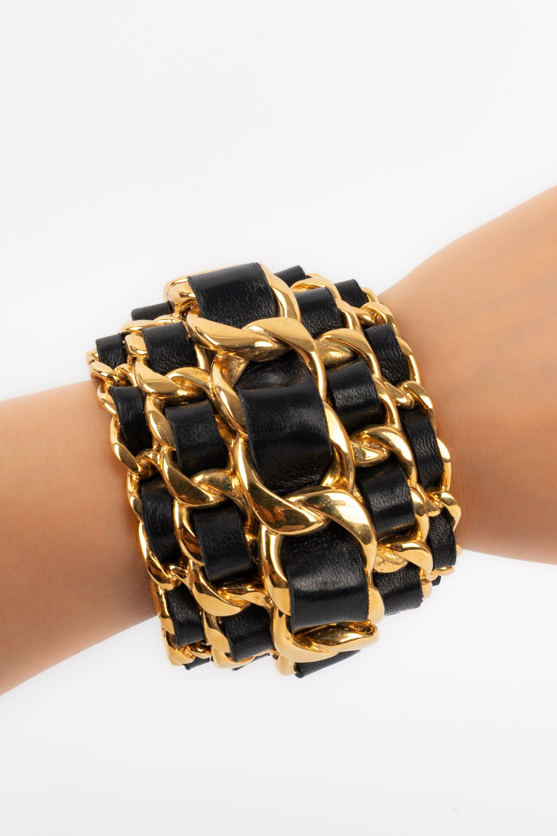 Chanel Golden Metal and Leather Cuff Bracelet with Chains, 1991 6