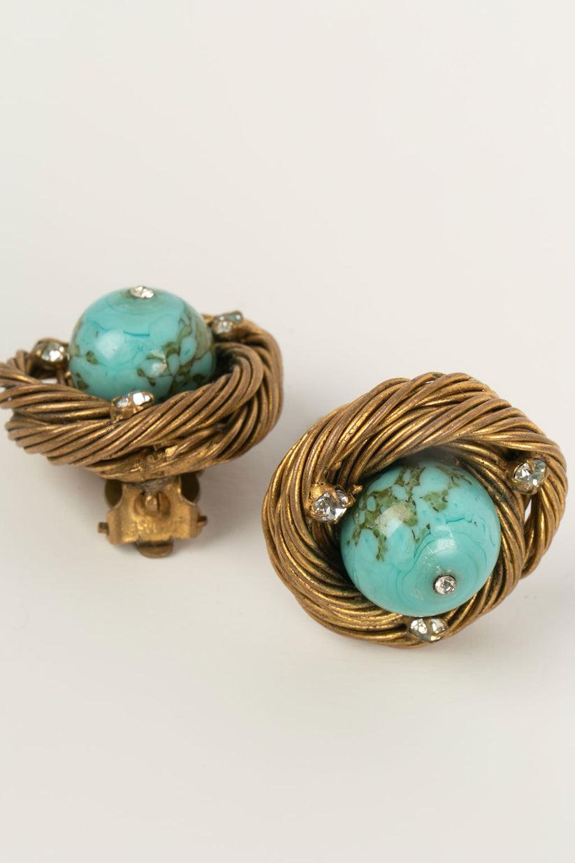Women's Chanel Golden Metal and Rhinestone Clip Earrings, Topped with a Turquoise Pearl For Sale