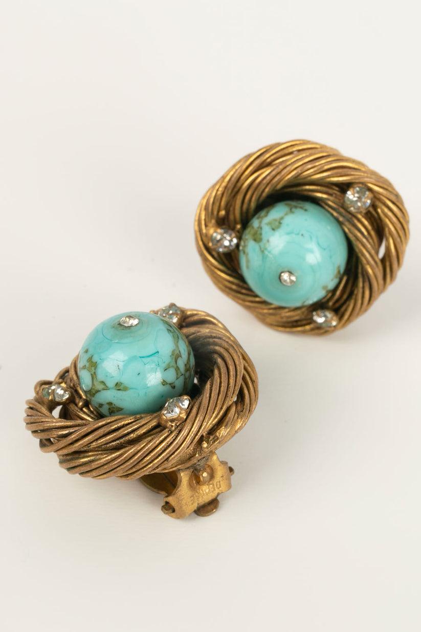 Chanel Golden Metal and Rhinestone Clip Earrings, Topped with a Turquoise Pearl For Sale 1
