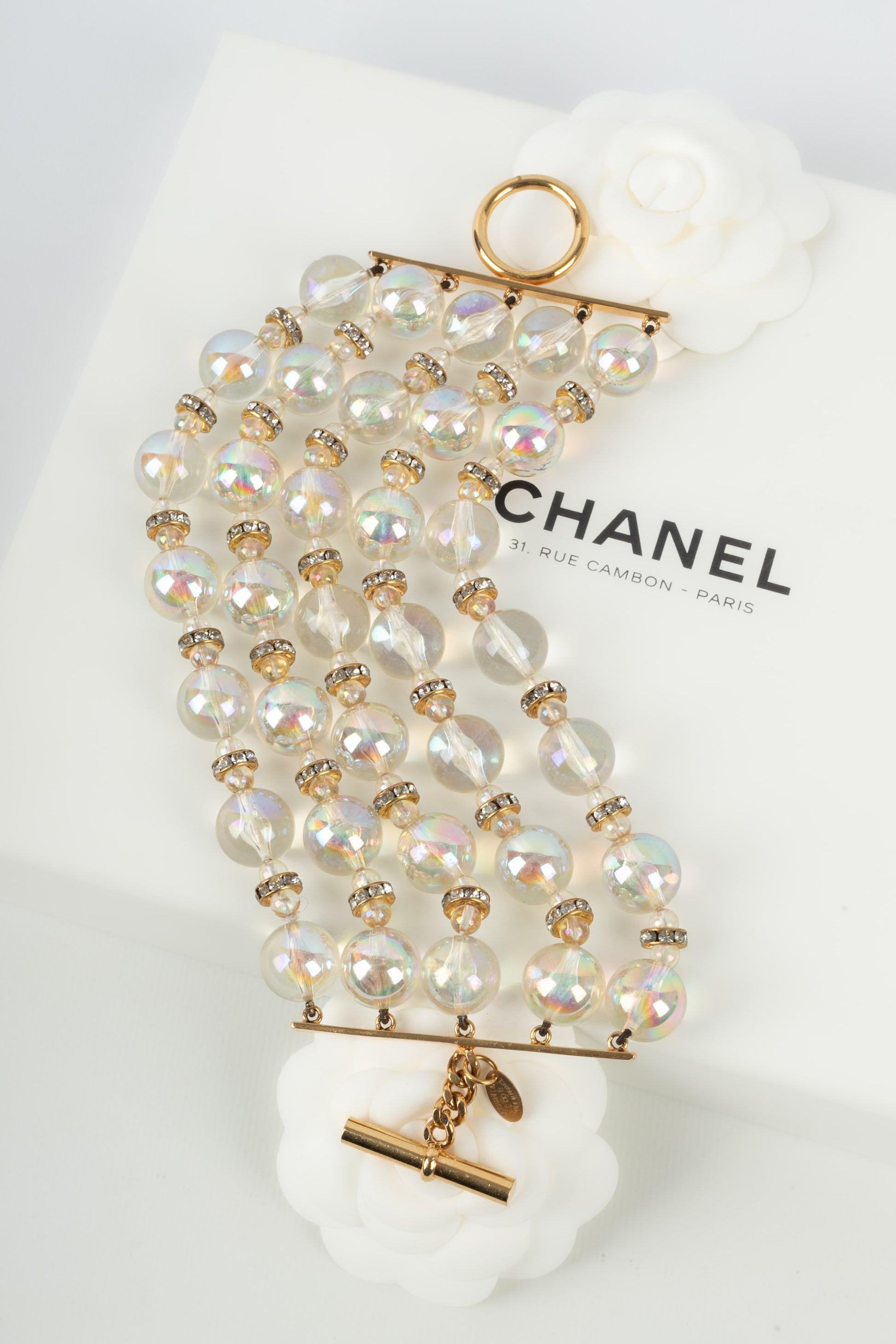 Chanel Golden Metal Bracelet with Rhinestone Circles and Transparent Pearls 4