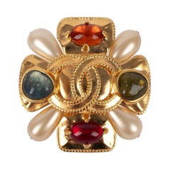 Vintage Chanel Golden Metal Brooch With Glass Paste And Costume Pearly Drops, 1997