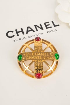 Chanel Golden Metal Brooch with Glass Paste Cabochons, 1990s
