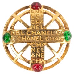 Vintage Chanel Golden Metal Brooch with Glass Paste Cabochons, 1990s