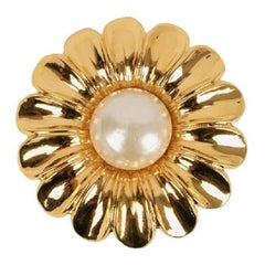 Vintage Chanel Golden Metal Brooch with Pearly Cabochon