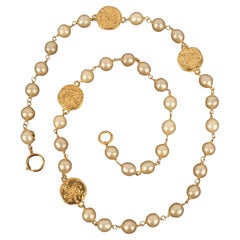 Chanel Golden Metal CC Necklace with Costume Pearls