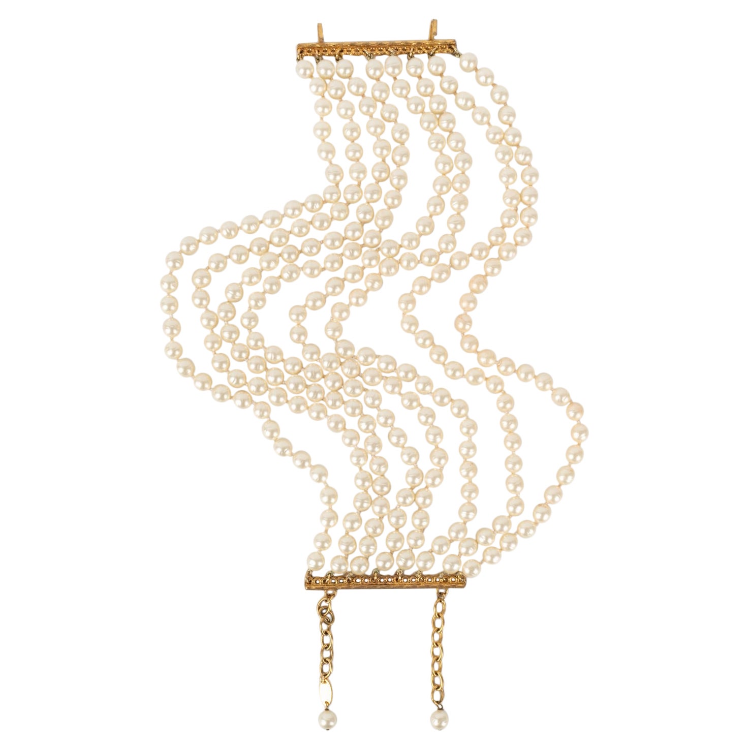 Chanel Golden Metal Choker Necklace with Costumer Pearls, 1980s