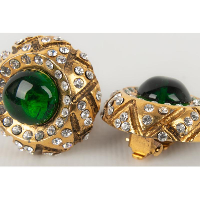 Women's Chanel Golden Metal Clip-on Earrings Ornamented with Rhinestones