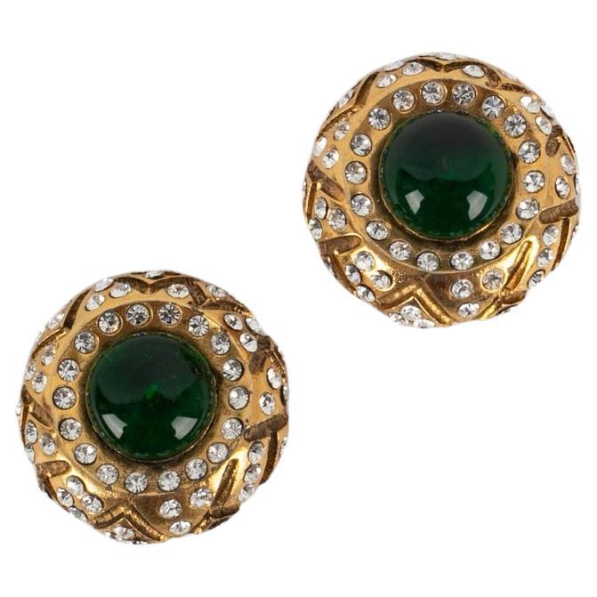 Chanel Golden Metal Clip-on Earrings Ornamented with Rhinestones