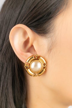 Chanel Golden Metal Clip-on Earrings with Costume Pearly Cabochons, 1993