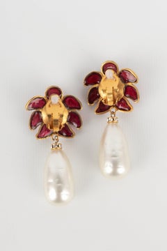 Chanel Golden Metal Clip-on Earrings with Glass Paste and Costume Pearl, 1994