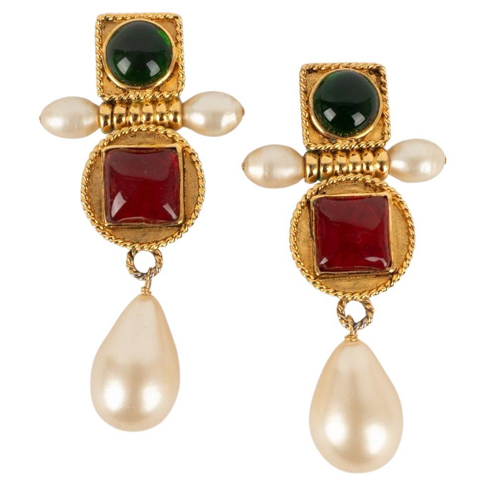 Chanel Golden Metal Clip-on Earrings with Glass Paste and Pearly Drops