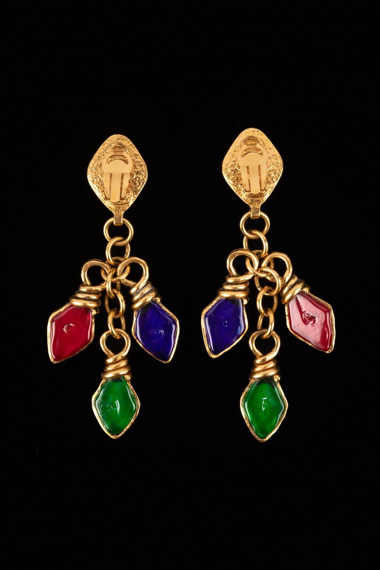 Boucles D'Oreilles Vintage à Clips Dorées Avec Pâte De Verre Multicolore - Très Bon État
