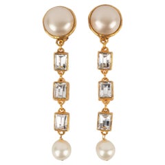 Vintage Chanel Golden Metal Clip-on Earrings with Pearly Cabochons and Swarovski, 1990s